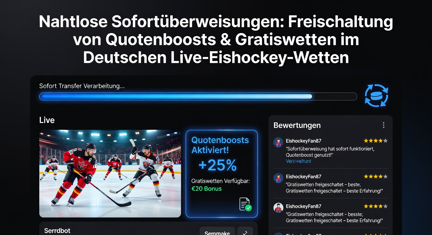 Screenshot einer Wett-App mit aktiviertem Odds-Boost auf Eishockey-Live-Match und Sofort-Einzahlungsoption