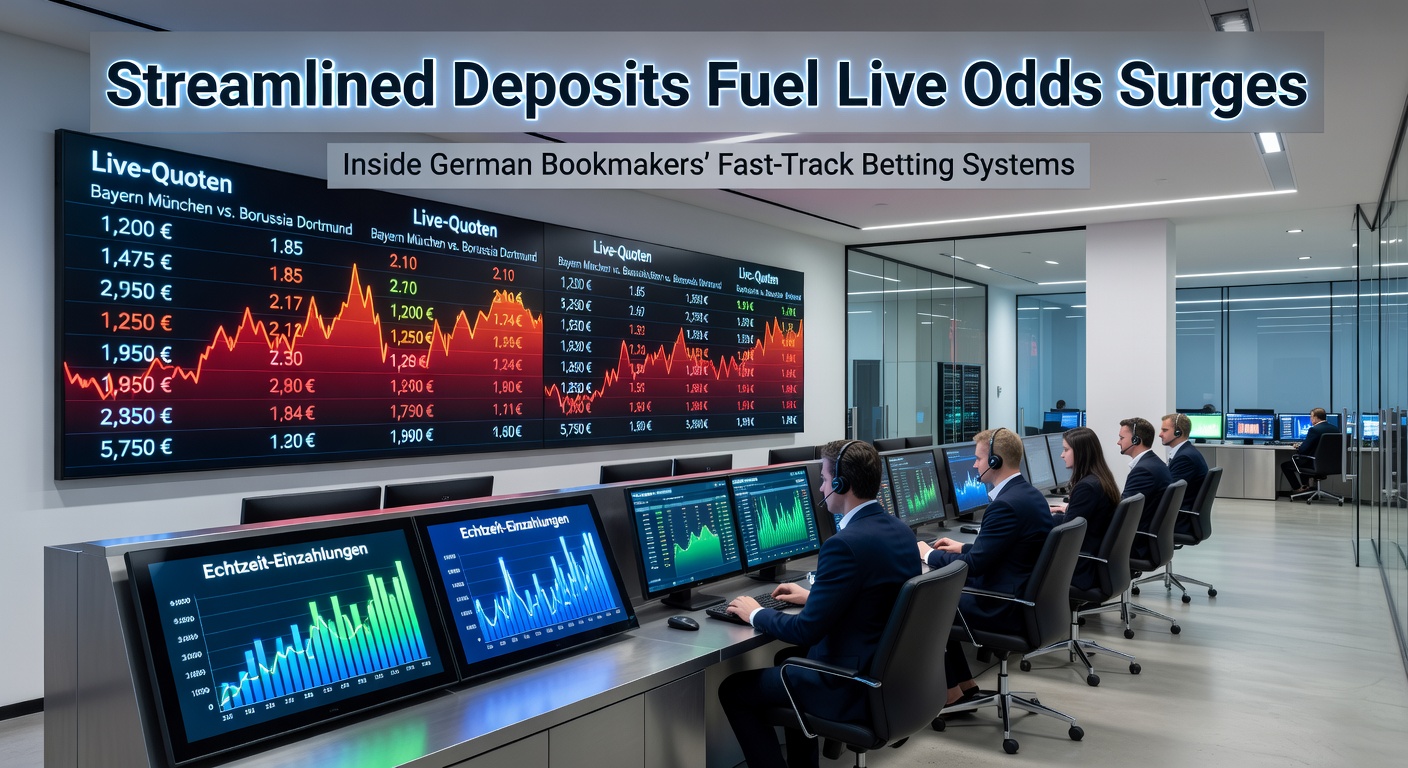 Dynamische Grafik, die schnelle Einzahlungen und steigende Live-Quoten bei einem Fußballspiel visualisiert, mit Pfeilen für Echtzeit-Transaktionen